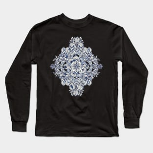 Floral Diamond Doodle in Dark Blue and Cream Long Sleeve T-Shirt